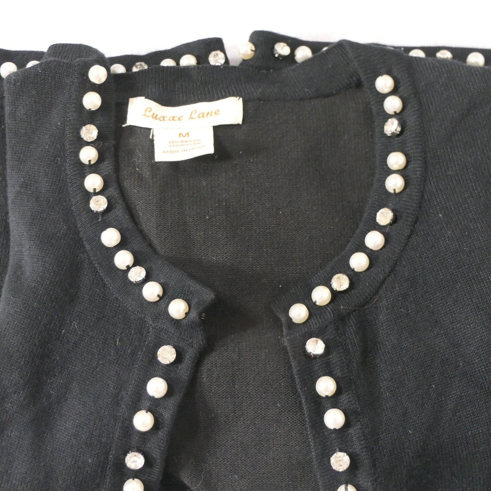 Luxxe Lane Womens Shrug M Black Cropped Pearl Rhinestone Coquette Feminine